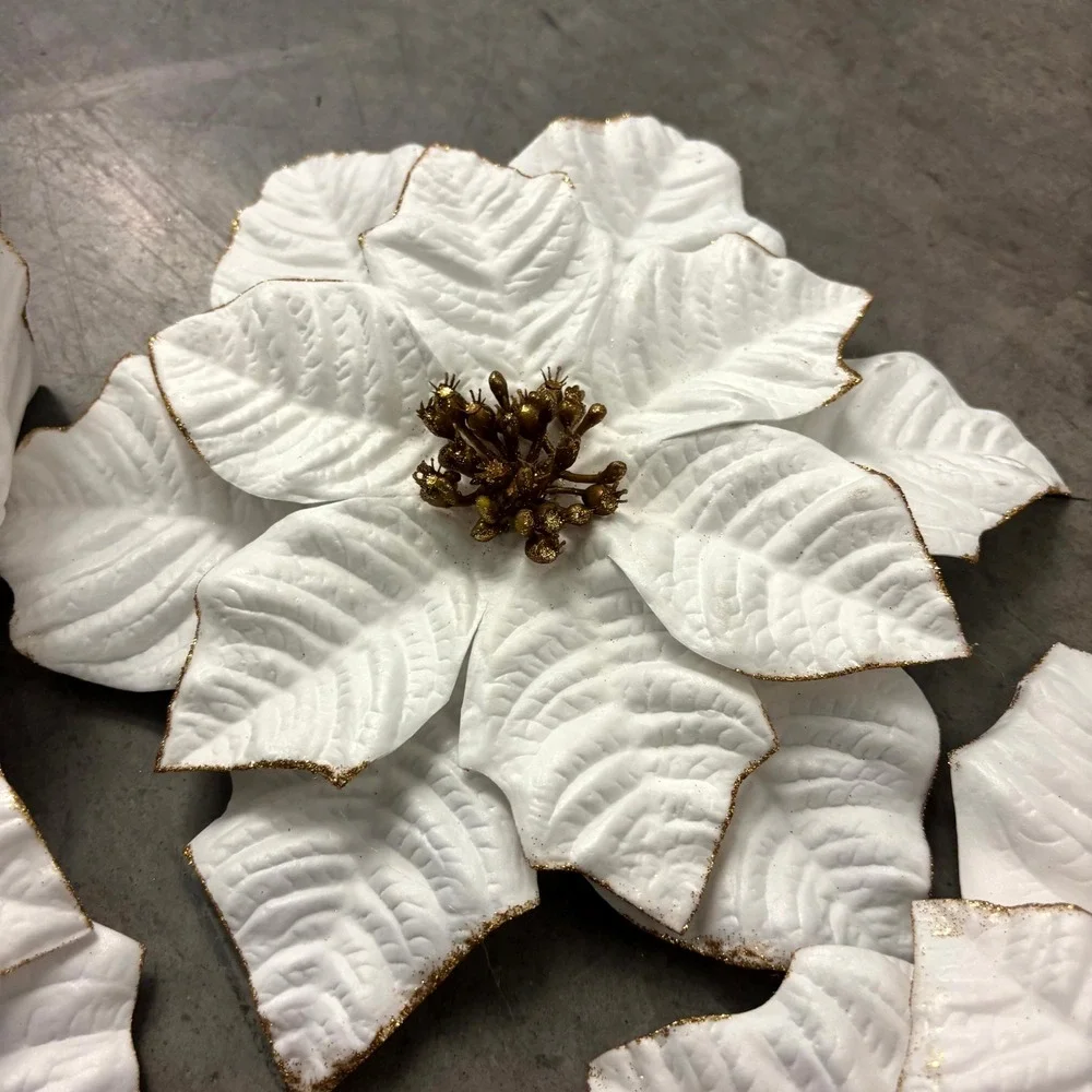 White Gold Poinsettia Christmas Ornaments Magnets Set of 4 Holiday Floral Decor